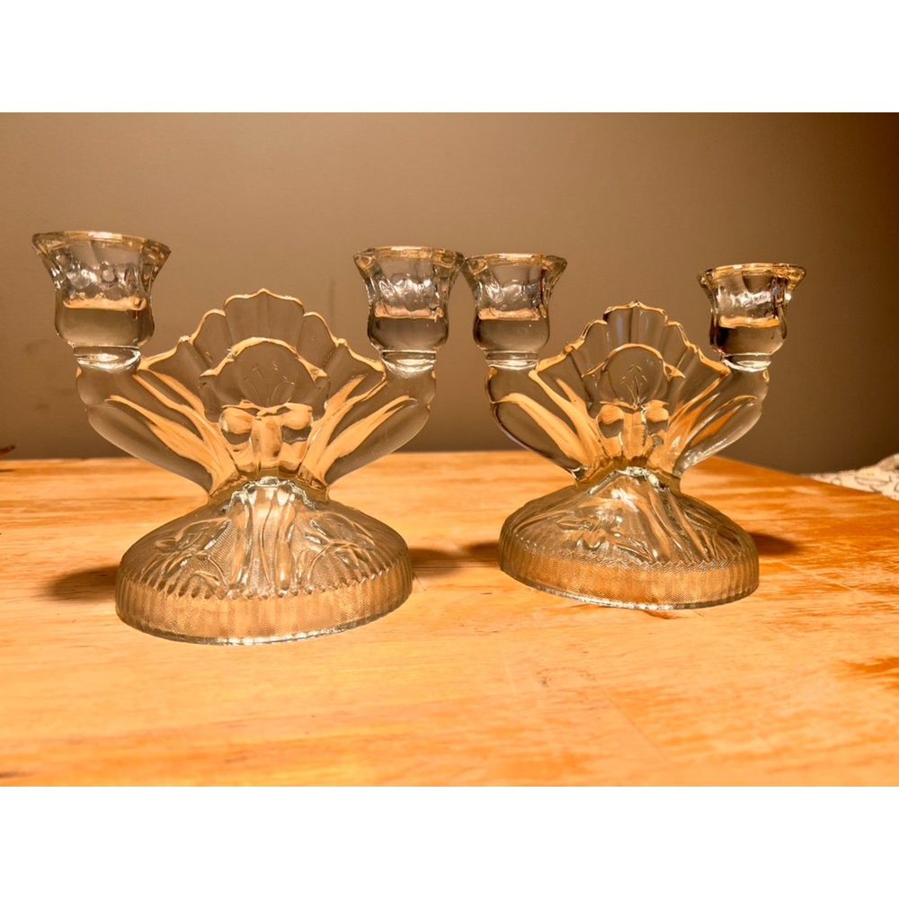 VTG Jeanette Iris Herringbone Double Candle Holder Set Depression Glass Clear